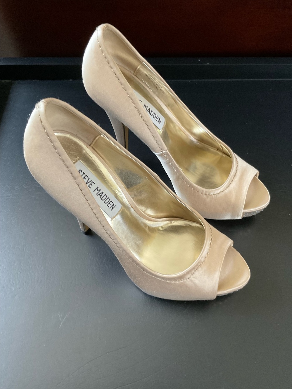 Steve Madden Beige Satin Peep-Toe Platform Pumps with Crystal Toe